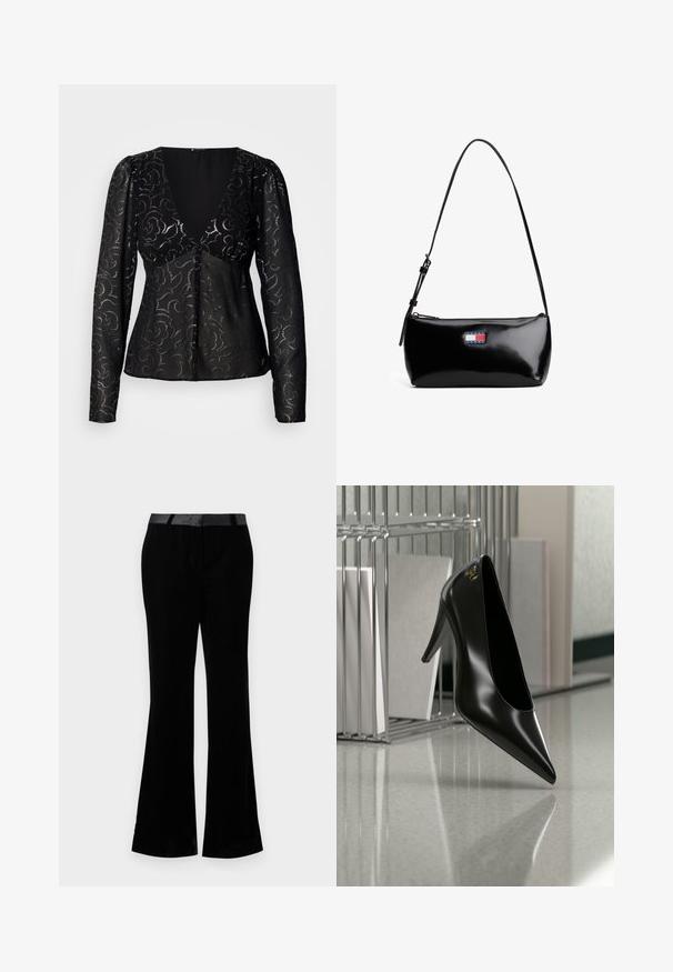 Blusa negra de manga larga con escote en V y estampado floral. Fabricada en tela transparente con un sutil brillo; cuenta con una cintura ajustada y cierre de botones.; Pantalones acampanados negros de tela suave. Presentan una cinturilla plana con un acabado brillante. Diseño ajustado con dos bolsillos frontales.; Zapato de tacón alto negro con punta afilada y logo dorado, colocado sobre una superficie reflectante cerca de un organizador de archivos de alambre cromado con documentos.; Bolso de hombro de charol negro con una correa curva, cierre de cremallera y un parche de logo rectangular en rojo, blanco y azul.