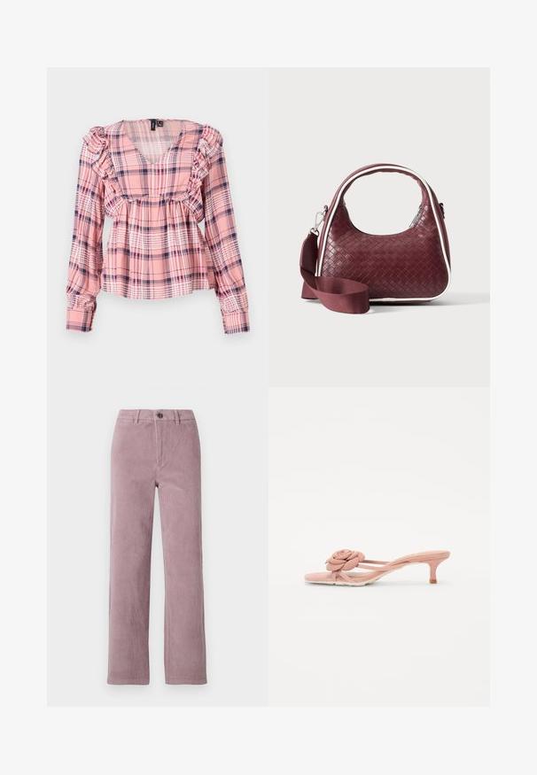 Rosa karierte Langarmbluse mit V-Ausschnitt, Rüschenschultern und elastischem Bund. Enthält weiße und marineblaue Akzente im Muster.; Cordhose in hellem Mauve mit geradem Beinanschnitt. Sie verfügt über einen vorderen Knopfverschluss und eine vertikale Rippstruktur.; Helle rosa Rutschsandalen mit einem strukturierten Blumendetail am Riemen und einem kleinen Absatz. Weiches Material und offenes Design.; Dunkelrote gewebte Ledertasche mit gebogenem Griff, weißem Besatz, silbernem Reißverschluss und abnehmbarem breitem Stoff-Schulterriemen vor einfarbigem Hintergrund.