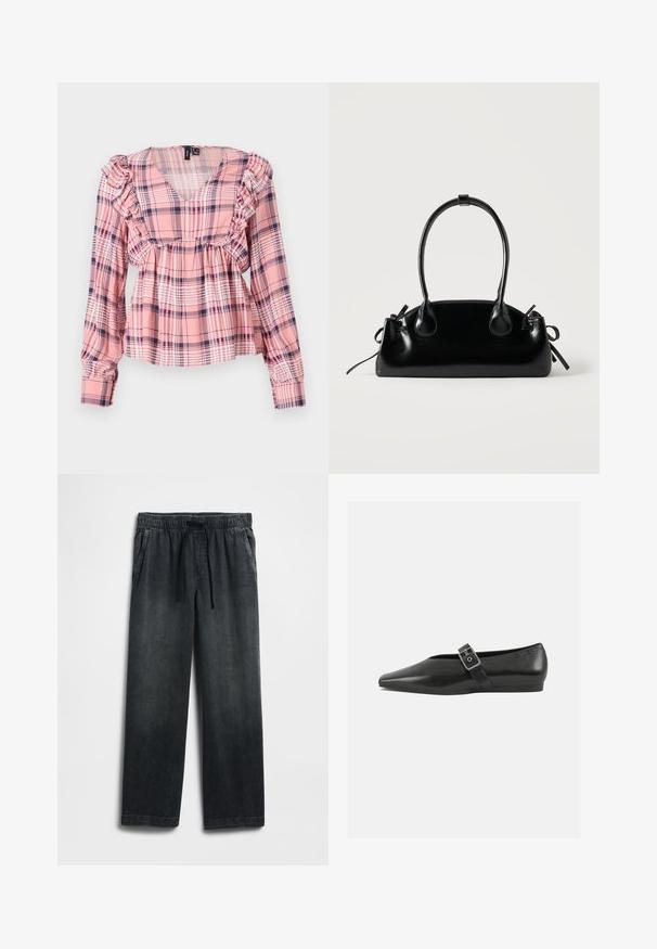 Rosa karierte Langarmbluse mit V-Ausschnitt, Rüschenschultern und elastischem Bund. Enthält weiße und marineblaue Akzente im Muster.; Schwarze Jeanshose mit einem elastischen Bund und Kordelzug, weitem Bein und dezentem Used-Effekt. Mit zwei Seitentaschen.; Schwarze Lederflachschuhe mit spitzem Zehenbereich, ausgestattet mit einem metallischen Riemen über dem Spann und einer niedrigen, flexiblen Sohle.; Kleine schwarze glänzende Handtasche mit zwei langen Griffen und seitlichen Kordelzug-Details vor einfachem hellem Hintergrund.