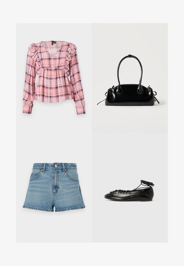 Chemise longue à manches longues à carreaux rose avec un col en V, des épaules froncées et une taille élastiquée. Présente des accents blancs et bleu marine dans le motif.; Shorts en denim bleu clair avec taille haute, ourlet effiloché, surpiqûres contrastantes et poches avant. Comprend un bouton en métal et une étiquette de marque.; Ballerines en cuir verni noir avec un bout rond, un design à lacets et une semelle plate. Texture lisse avec peu de détails.; Petit sac à main noir brillant avec deux longues anses et des détails à cordon sur les côtés sur un fond clair uni.