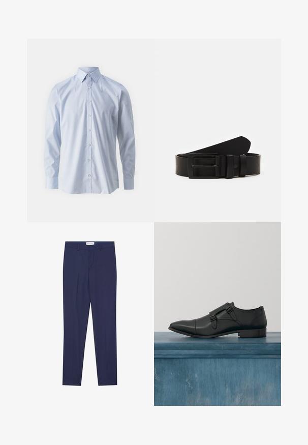 Chemise boutonnée à manches longues bleu clair en tissu lisse, dotée d'un col classique et d'une fermeture par boutons sur le devant. Design uni, sans motifs.; Pantalons de costume navy en tissu lisse, dotés d'un devant plat, de deux poches latérales, d'une fermeture éclair et d'un ourlet net sans motifs ni accents.; Chaussure habillée en cuir noir avec double boucle flottant au-dessus d'un sol légèrement fissuré, avec un arrière-plan flou de plantes et de mur ondulé.; Ceinture en cuir noir roulée avec une boucle en métal rectangulaire noir mat et deux passants sur fond blanc.