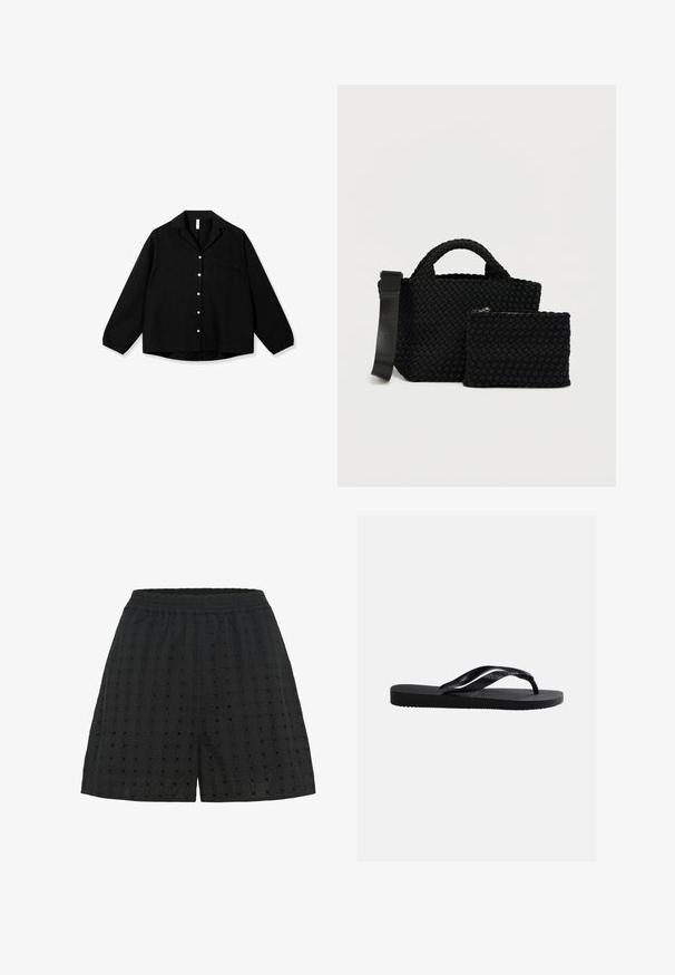 Camisa negra de manga larga con botones, cuello y bolsillo en el pecho, presentada plana sobre un fondo blanco.; Shorts negros con una tela texturizada que presenta un patrón de cuadrícula y pequeños cortes. Cintura elástica para mayor comodidad y flexibilidad.; Sandalia tipo chancla negra de goma con suela texturizada y correas lisas, vista lateral sobre un fondo liso gris claro.; Bolso tejido negro con asas cortas y una correa de hombro desmontable, acompañado de un bolso con cremallera a juego. Textura suave en toda la superficie.