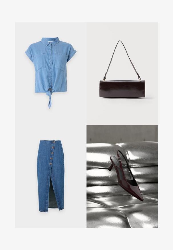 Lysblå denim skjorte med korte ærmer, der har krave, to brystlommer og en knyttet detalje foran ved sømmen. Glat tekstur.; Denim blyantskørt i mellemblå med en slidse foran, der har seks brune knapdetaljer langs sidesømmen. Glat tekstur og tætsiddende design.; Blank mørkerød slingback højhælet sko med spids tå, vist på en skinnende sølvfarvet polstret læderoverflade.; Rektangulær sort læderhåndtaske med en enkelt lang rem og blank finish, vist mod en ensfarvet hvid baggrund.