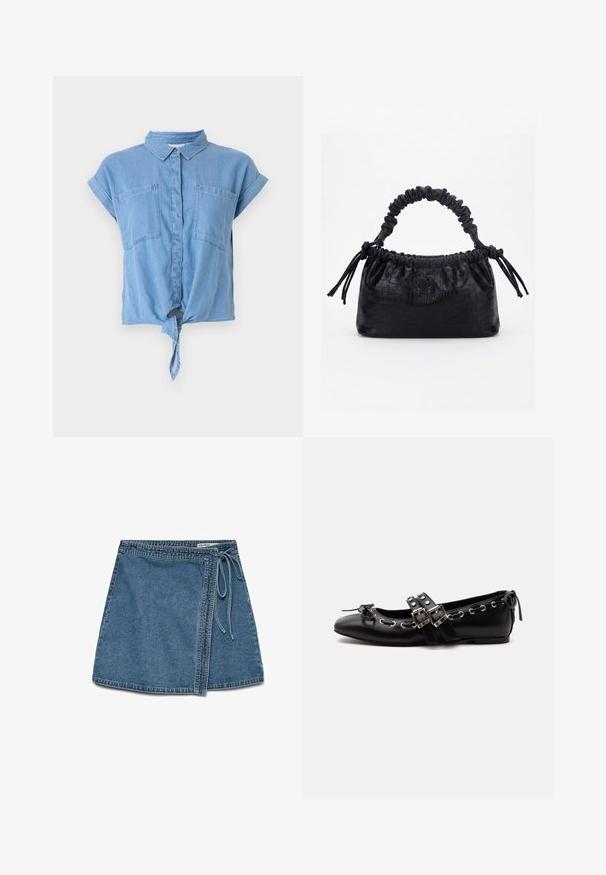 Helles blaues Denim-Hemd mit kurzen Ärmeln, ausgestattet mit einem Kragen, zwei Brusttaschen und einem geknoteten Detail am Saum. Glatter Stoff.; Denim Wickelrock in Hellblau mit einer Bindung an der Taille, gerader Schnitt und glatter Textur. Keine sichtbaren Muster oder Akzente.; Schwarzer flacher Ballettschuh mit doppelten Schnallenriemen, silbernen Ösen und einer kleinen Schleife nahe der abgerundeten Spitze auf weißem Hintergrund.; Schwarze Handtasche mit Krokodilstruktur, gerafftem oberen Rand, zusammengezogenem Griff und Zugkordeln mit Quasten an jeder Seite vor weißem Hintergrund.