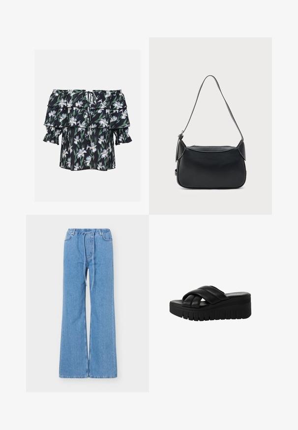 Off-shoulder bluse med volanger, sort stof med hvid blomsterprint og grønne blade, elastisk halsudskæring og korte puffede ærmer.; Lyseblå vidde denimjeans med elastisk talje og snørelukning, frontlommer og bæltestropper.; Sorte platform sandaler med krydset remme lavet af glat læder, der har en tykkere struktureret sål og en let afrundet tå.; Sort skuldertaske i læder med en glat tekstur, rundet form og en tynd strop. Har lynlås og minimal hardware-detaljer.