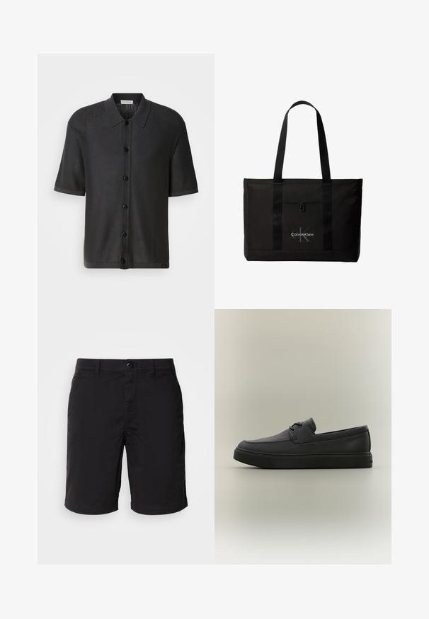 Camisa negra de manga corta con textura de malla, cierre de botones en la parte delantera y cuello. Presenta un dobladillo liso y un sutil marcado en la parte inferior.; Pantalones cortos negros de tela ligera, con cierre de botón, cintura estándar y corte recto. Sin patrones ni acentos visibles.; Mocasín casual negro de cuero con detalles de cordones y suela gruesa de goma, visto de lado sobre un fondo neutro.; Bolso tote negro de Calvin Klein con dos asas largas y bolsillo delantero, con el logo de la marca en blanco y gris.