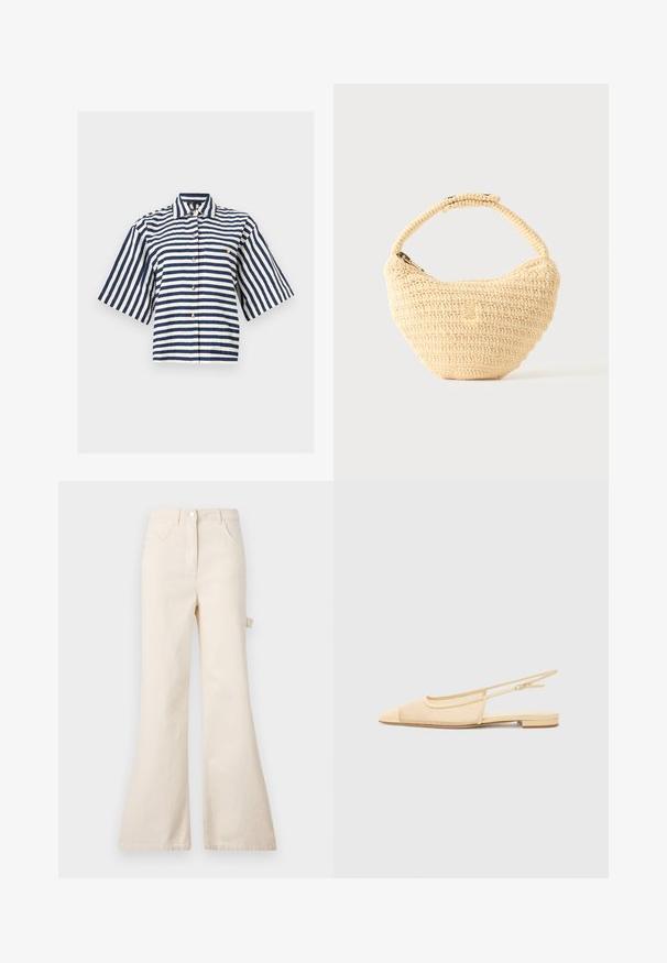 Chemise à manches courtes avec larges manches, rayures horizontales bleu marine et blanches, devant à boutons et col.; Jean beige évasé en coton avec taille haute, présentant une fermeture à bouton, cinq poches et un détail de boucle sur le côté.; Chaussure plate slingback en beige clair avec une tige en maille, un bout pointu et un petit talon. Dotée d'une sangle ajustable pour un bon maintien.; Sac à main beige tissé avec corps arrondi, fermeture éclair et une sangle courte et épaisse dans un style crochet simple et texturé.