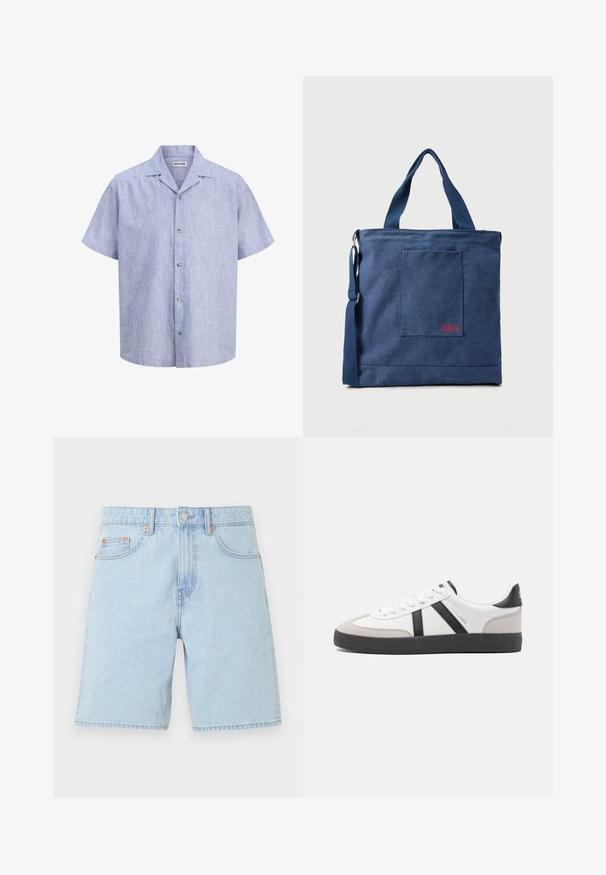 Chemise bleu clair à manches courtes avec fines rayures verticales blanches et col de style camp, affichant une étiquette Jack & Jones à l'intérieur du col.; Short en denim bleu clair avec poches avant, passants de ceinture, bouton en métal et fermeture éclair sur un fond blanc uni.; Baskets blanches avec des accents noirs et gris, présentant un embout texturé gris, une semelle en caoutchouc noir et des lacets plats blancs. Design épuré, style minimaliste.; Sac fourre-tout en toile bleue avec poche frontale et broderie rouge "O.N.S", doté de doubles poignées et d'une bandoulière réglable.