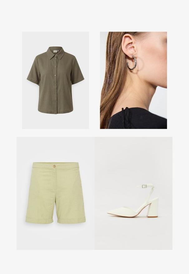 Chemise kaki à manches courtes avec boutons et col pointu, présentée sur un fond gris clair uni.; Shorts en lin vert clair avec une fermeture à bouton, texture lisse, ourlets roulés et un design simple et droit.; Sandale blanche à talon avec un bout pointu, sangle de cheville réglable et un talon carré épais. Texture lisse avec des détails de couture minimaux.; Boucle d'oreille en argent avec une finition polie, présentant de petits détails en or et de forme ronde, portée sur le lobe.