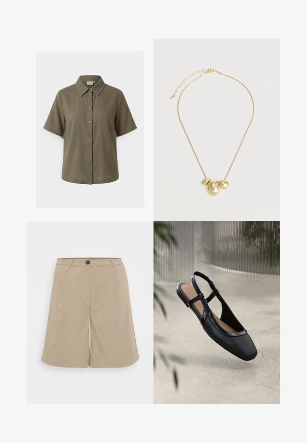 Kurzärmeliges olivgrünes Hemd mit Knopfleiste und spitzem Kragen, dargestellt auf einfarbigem hellgrauem Hintergrund.; Khaki-Shorts aus leichtem Material, mit flacher Vorderseite, Falten, Knopfverschluss und umgeschlagenen Säumen. Einfaches und maßgeschneidertes Design.; Schwarze Leder Slingback Ballerina mit rechteckiger Zehenpartie, ausgestattet mit einem glänzenden lackierten Besatz und verstellbaren Riemen für einen sicheren Sitz.; Halskette in Goldton mit drei unregelmäßigen, glatten Anhängern in Kieselform an einer dünnen Kette mit verstellbarem Verschluss.