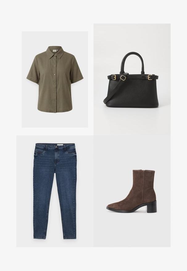 Kortærmet olivengrøn skjorte med knapper og spids krave, vist på en ensfarvet lys grå baggrund.; Mørkeblå denim jeans med slim fit, fem lomme-design og guld stikninger. Har en lynlås og knap lukning. Glat tekstur.; Brune ruskindsankelstøvle med spids tå og blokhæl. Har en glat overflade og et logodetalje på siden.; Call it Spring Håndtasker - black