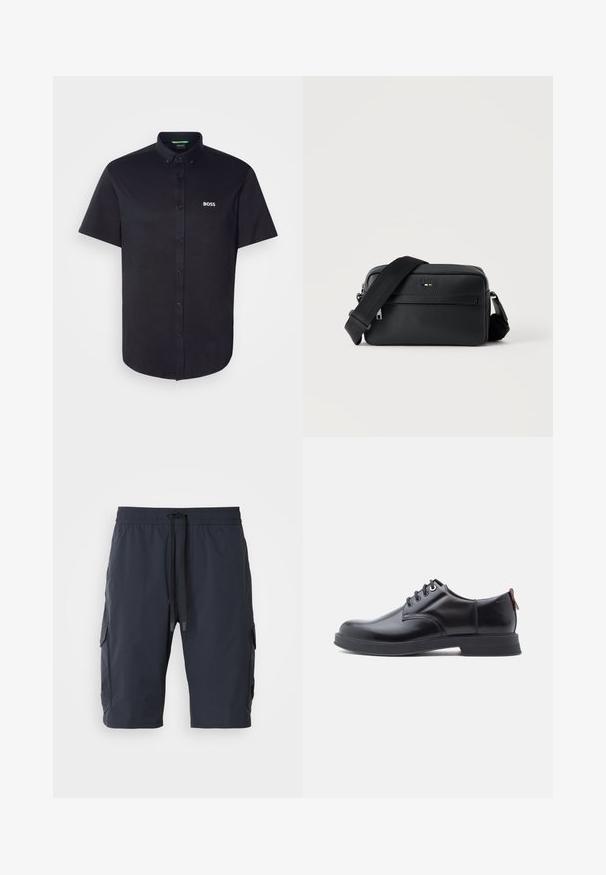 Zwart katoenen overhemd met korte mouwen en knoopsluiting, voorzien van een klassieke kraag, regular fit en een wit "BOSS"-logo geborduurd op de borst.; Marine cargoshorts met een elastische tailleband, een trekkoord aan de voorkant, zijzakken en een gladde textuur. Duurzaam materiaal, geschikt voor casual dragen.; Zwarte leren veter schoenen met een gladde textuur, ronde neus en subtiel stiksel detail. Voorzien van een rode trekband op de hiel.; Zwarte gestructureerde leren crossbodytas met voorvak met ritssluiting en verstelbare brede stoffen schouderband op een witte achtergrond.