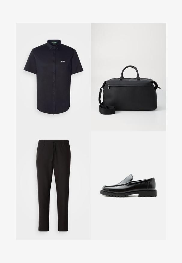 Chemise noire à manches courtes avec boutons, en coton, dotée d'un col classique, d'une coupe régulière, et d'un logo "BOSS" blanc brodé sur la poitrine.; Pantalons de jogging noirs en tissu lisse. Dotés d'une taille élastique avec cordon de serrage, jambes fuselées, et sans poches visibles. Design simple.; Mocassin en cuir noir avec semelle en caoutchouc épaisse, dessus cousu et nom de marque embossé sur le talon, présenté de profil sur fond blanc.; Sac de voyage en cuir noir avec deux poignées supérieures, une bandoulière amovible et une poche avant zippée pour un espace de rangement supplémentaire.