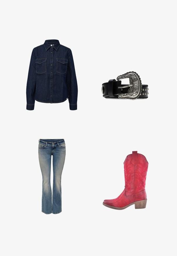 Dunkelblauses Denimhemd mit Kragen, langen Ärmeln, zwei Brusttaschen und schwarzen Knöpfen. Mit kontrastierenden Nähten und einem lässigen Schnitt.; Blaue Denim-Jeans mit leichtem Schlag am unteren Ende, ausgewaschenen Details an Oberschenkeln und Knien, Vorderknopf und Fünf-Taschen-Design.; Rote Leder-Cowboystiefel mit kunstvollen geprägten Blumenmustern, spitzer Zehenform und einem gestapelten Holzabsatz. Glatte Textur mit matter Oberfläche.; Schwarzer Ledergürtel mit silberner, floral gravierter Schnalle und silbernen Nieten entlang des Riemens, auf weißem Hintergrund aufgewickelt dargestellt.