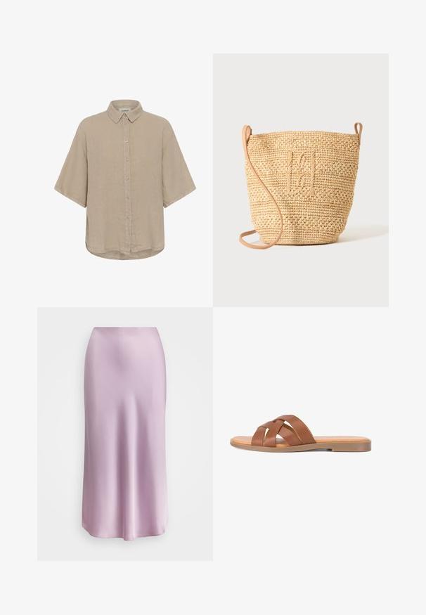 Beiges kurzärmeliges Hemd mit klassischem Kragen und lockerem Schnitt, aus leichtem Stoff gefertigt.; Satin-Midi-Rock in Hellpink, mit glatter Textur, schlanker Silhouette und weitem Saum. Keine sichtbaren Beschläge oder Muster.; Braune flache Pantoletten-Sandale mit zwei breiten, überkreuzten Lederriemen und einer beigen Sohle.; Gewebte Strohbucket-Tasche mit strukturiertem Muster und Lederriemen, aufrecht stehend vor einem schlichten hellen Hintergrund.