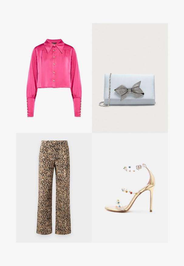Afskåret bluse i klar pink satin med spids krave, knaplukning foran og lange ærmer med guldknapdetaljer ved manchetterne.; Leopardprint brede benbukser i beige og sort. Fabrik i bomuldsblanding med en glat tekstur, der har et højt talje design og ingen synlige metaldele.; Guld højhælet sandal med tre klare remme prydet med flerfarvede ædelsten og lukning med ankelspænde.; Lyseblå satin clutch med sølv kædetras og stor rhinesten-beklædt sløjfe dekoration på frontklappen.