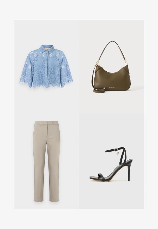 Lysblå cropped bluse i blonder med korte ærmer, knapper foran og blomstermønster.; MM by MaxMara EFFETTO - Bukser - sand; Sort hæl-sandal med smal ankrem, firkantet tå-boks, glat lædermateriale og metalspænde som pynt.; Olivengrøn læderhåndtaske med korte og lange remme, guldfarvet hardware og Michael Kors-logo i guld nær bunden på en ensfarvet baggrund.