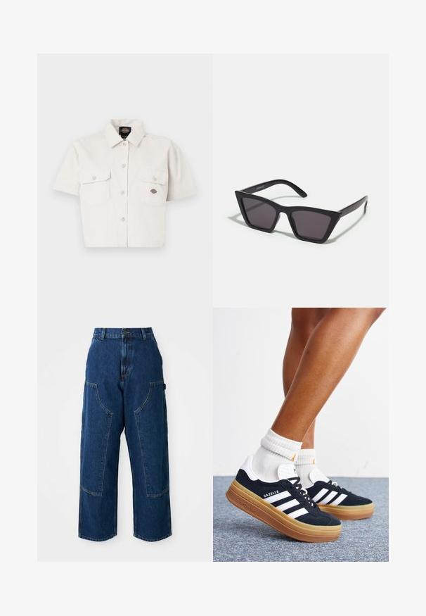 Chemise blanche cropped à manches courtes en coton, dotée de deux poches poitrine, d'une fermeture à boutons sur le devant et d'une patch logo sur la poche gauche.; Jean large en denim foncé avec une taille haute, dotée de grandes poches avant et de coutures contrastées. Le tissu présente une légère texture.; Jambes portant des chaussettes blanches et des baskets Adidas Gazelle noires avec des bandes blanches et des semelles épaisses marron sur un sol recouvert de moquette grise.; Lunettes noires angulaires avec des verres gris ; fabriquées en plastique, avec des branches épaisses à la surface lisse et sans matériel visible.
