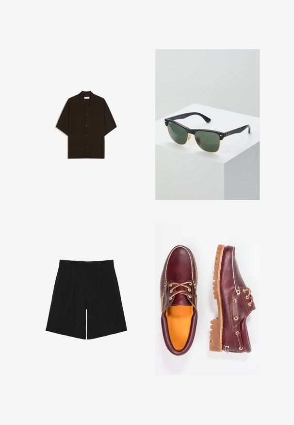 Chemise à manches courtes marron foncé avec boutons, col et poche poitrine, posée à plat sur un fond blanc.; Short noir sur mesure avec passants de ceinture, plis devant et poches latérales, posé à plat sur un fond blanc.; Chaussures en cuir bourgogne avec semelles en caoutchouc marron, bout rond, couture blanche et œillets dorés. L'intérieur présente une doublure jaune.; Lunettes de soleil Ray-Ban avec des verres verts, monture en plastique noir et accents dorés sur les bords. Forme carrée avec une finition mate.