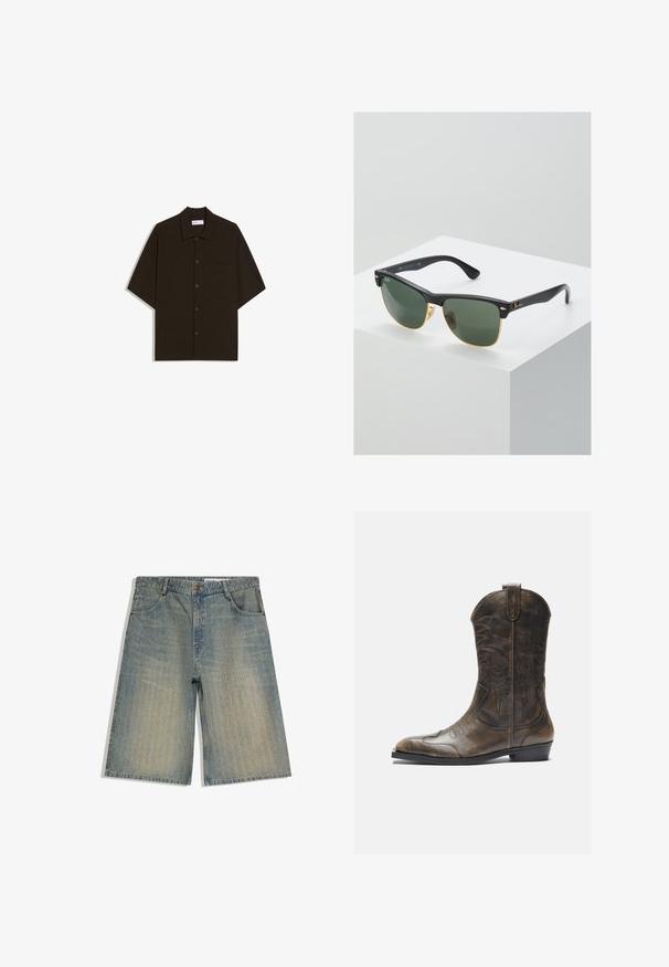 Mørkebrun kortærmet skjorte med knapper, krave og brystlomme, lagt fladt ud på en hvid baggrund.; Denim knælange shorts med falmede lodrette striber, frontknap, lynlås og fem-lomme design på hvid baggrund.; Brune læder cowboystøvle med en høj skaft, spids tå, intrikate syning mønstre og en lille hæl. Struktureret finish hele vejen igennem.; Ray-Ban solbriller med grønne linser, sorte plastikstel og gyldne detaljer ved kanterne. Firkantet form med mat finish.