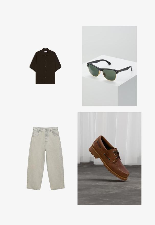 Chemise à manches courtes marron foncé avec boutons, col et poche poitrine, posée à plat sur un fond blanc.; Jean denim gris clair à jambes larges avec poches avant, passants pour ceinture et fermeture par bouton, présenté à plat sur un fond blanc.; Chaussure de bateau en cuir marron avec des lacets noirs, des coutures beiges et une semelle robuste, suspendue au-dessus d'un sol en béton gris.; Lunettes de soleil Ray-Ban avec des verres verts, monture en plastique noir et accents dorés sur les bords. Forme carrée avec une finition mate.