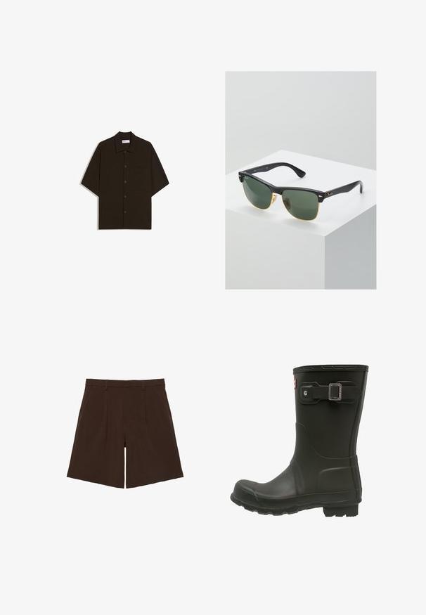 Chemise à manches courtes marron foncé avec boutons, col et poche poitrine, posée à plat sur un fond blanc.; Shorts marron foncé coupés au genou, cintrés avec passants de ceinture et plis sur le devant, présentés à plat sur fond blanc.; Botte de pluie en caoutchouc noir avec un bout arrondi, une sangle boucle au-dessus et une semelle texturée pour une meilleure adhérence.; Lunettes de soleil Ray-Ban avec des verres verts, monture en plastique noir et accents dorés sur les bords. Forme carrée avec une finition mate.