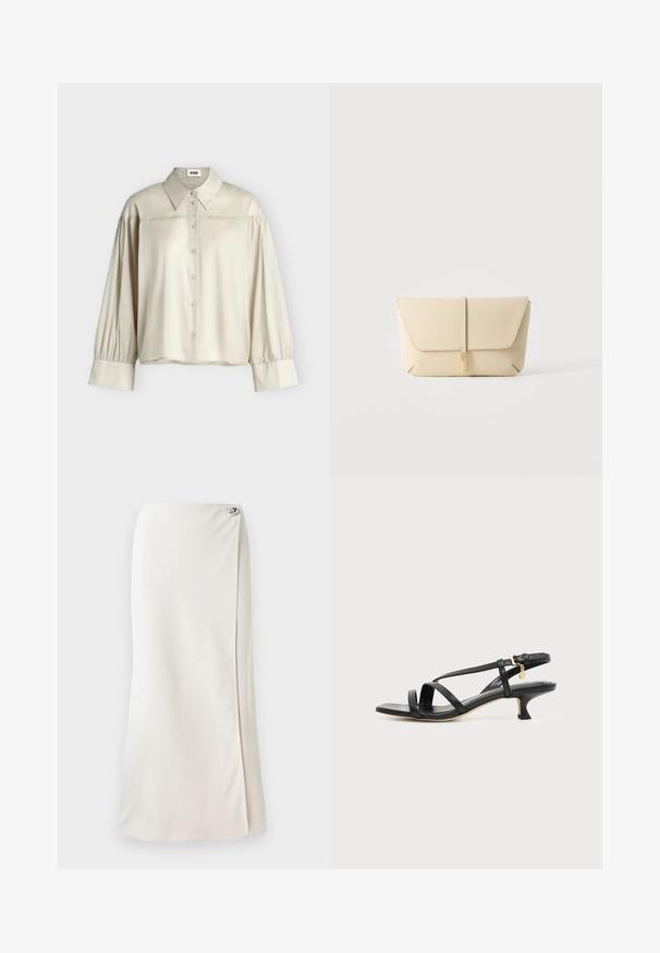 Beige langärmlige Bluse mit breiten Manschetten, durchgehendem Knopfverschluss vorne, spitzem Kragen und gerafften Schulterdetails, vor einfarbigem Hintergrund dargestellt.; Langer weißer Rock aus glattem Stoff, mit einem seitlichen Schlitz und einem dekorativen silbernen Knopfakzent in der Nähe des Bundes. Saubere Linien und minimalistisches Design.; Schwarze Ledersandale mit niedrigem Kittenabsatz, Knöchelschnalle und kleinem goldfarbenem Anhänger vor einfachem hellem Hintergrund.; Beige Leder-Clutch mit einer vorderen Klappe und einem vertikalen Riemenverschluss vor einem schlichten hellen Hintergrund.