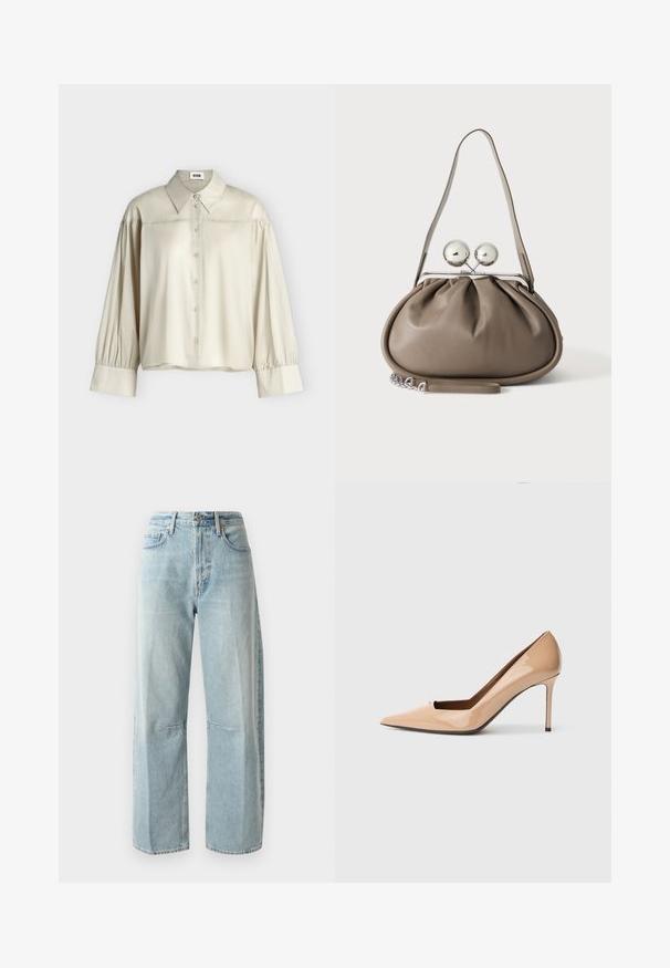 Beige langærmet bluse med brede manchetter, foran med knapper, spids krave og rynkede skulderdetaljer, vist på en ensfarvet baggrund.; Lyseblå vide jeans lavet af denim. Har en høj talje, to forlommer og en lige benlængde med let fading i stoffet.; Nude laklæderpumpe med høj hæl, spids tå, åben udskæring og en tynd stiletthæl for ekstra højde.; Grå læderhåndtaske med rundet form, toplås med to store sølvkugler og en enkelt strop.