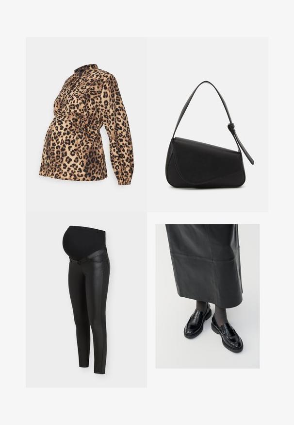 Graviditetsbluse med leopardprint, krave, lange ærmer og bindebånd i taljen. Fremstillet af blødt, tekstureret stof i nuancer af brunt.; Sorte graviditetsleggings med paneler foran i imiteret læder og strækbart stof over maven for graviditetskomfort og støtte.; Sorte læder loafers med en glat finish, prydet med en dekorativ rem, rund tå og tekstureret sål. Båret med en lang sort læderskirt.; Sort læderhåndtaske med en triangular form, skrå klap og et rundt håndtag. Har en glat overflade og minimalistiske design detaljer.