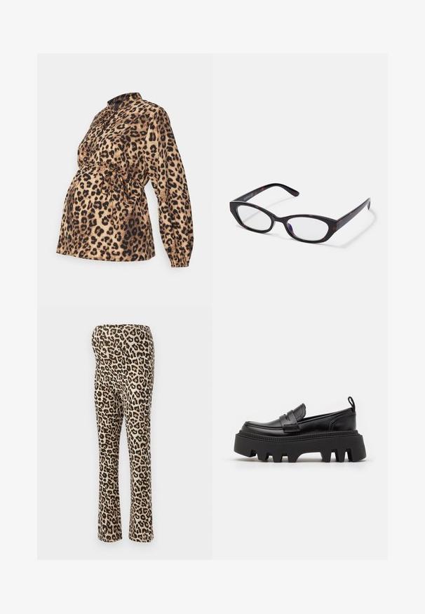 Graviditetsbluse med leopardprint, krave, lange ærmer og bindebånd i taljen. Fremstillet af blødt, tekstureret stof i nuancer af brunt.; Leopard-mønstret leggings med en lys tan-bund og sorte pletter, lavet af et elastisk materiale. Tilsiddende design med en udvidet benform.; Sorte læder loafers med en kraftig sort gummisål, der har skridsikre riller og et dekorativt bånd over forsiden.; Katteøje briller med en blank mørk skildpadde plastisk ramme, der har buede arme og klare linser. Minimal branding på siden.
