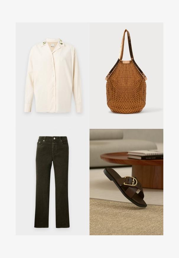 Chemise crème boutonnée avec des détails floraux brodés sur le col, confectionnée dans un tissu lisse, dotée de manches longues et d'une coupe décontractée.; Pantalons en velours côtelé droit, de couleur vert olive sombre, avec un design à cinq poches, un bouton en métal et une fermeture éclair. Texture douce avec un motif côtelé visible.; Sandale à enfiler en cuir marron avec boucle dorée sur un tapis beige, table basse en bois et livres en arrière-plan.; Sac cabas en filet marron avec une base en tissu solide et des bretelles à sequins, debout sur un fond uni.