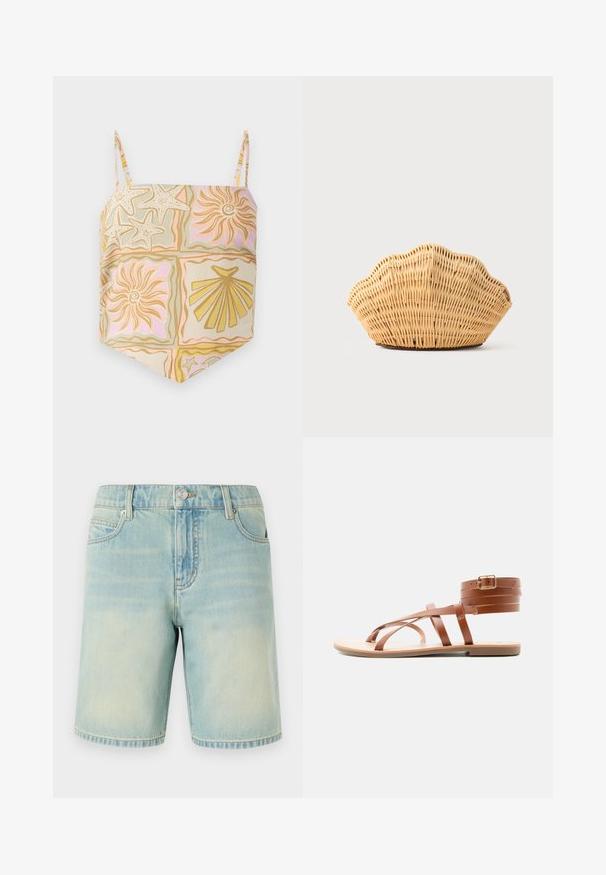 Camisole met vierkante halslijn en dunne bandjes, met een pastelmotief van schelpen, zeesterren en zon in beige, roze en gouden tinten.; Lichtblauwe denim shorts met een vervaagde afwerking, voorzien van een vijf-pocket design, zichtbare stiksels en een metalen knoopsluiting bij de tailleband.; Bruine platte sandaal met meerdere dunne bandjes, enkelband met gesp en een minimalistische zool, getoond in zijaanzicht op een witte achtergrond.; Geweven rotan handtas in de vorm van een sint-jakobsschelp met natuurlijke lichtbruine kleur en afgeronde, gestructureerde randen.