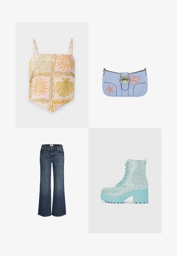 Camisole met vierkante halslijn en dunne bandjes, met een pastelmotief van schelpen, zeesterren en zon in beige, roze en gouden tinten.; Donkerblauwe jeans met wijde pijpen, voorzakken, riemlussen, knoop- en ritssluiting, afgebeeld op een witte achtergrond.; Glanzende lichtblauwe enkellaarsjes met een chunky hak, veters in hiker-stijl en een textuur met sprankelende accenten.; Lichtblauwe handtas met een gestructureerde afwerking, voorzien van een gouden gesp, roze ster- en hartapplicaties, en zwarte bies langs de randen.