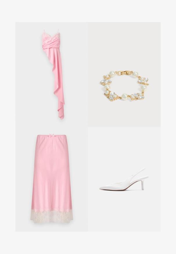 Robe rose sans manches avec un col en V orné de dentelle et une jupe drapée asymétrique, réalisée en tissu lisse créant de doux plis.; Combinaison en satin rose avec une taille élastique, ornée d'une délicate bordure en dentelle blanche à l'ourlet. Texture douce, design à longueur de genou.; Chaussure pour femme en cuir blanc avec bride arrière, bout pointu, petit talon kitten bas et petit nœud décoratif sur le dessus, vue de profil latéral.; Bracelet en or avec des perles grandes et petites alternées, des accents en cristal clair et une fermeture à clip sur fond blanc.
