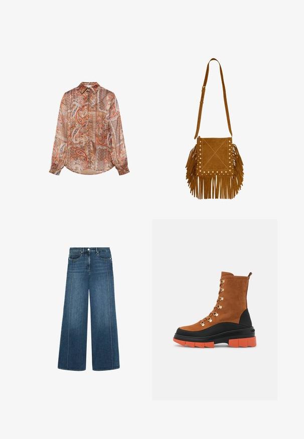 Langærmet bluse i let, gennemsigtigt stof med et paisley-mønster i jordfarver, med knapper og en foldet krave.; Bredde ben jeans i mørkeblå denim med kontrasterende hvid sying, fem-lomme design og en knaplukning i taljen.; Brune ruskind ankelstøvler har guld hardware, en sort og orange chunky sål, samt et snørebåndsdesign med en bageste løftestrop.; Brun ruskind skuldertaske med lange frynser på siderne og bunden, dekoreret med små metalnitter langs de forreste kanter.