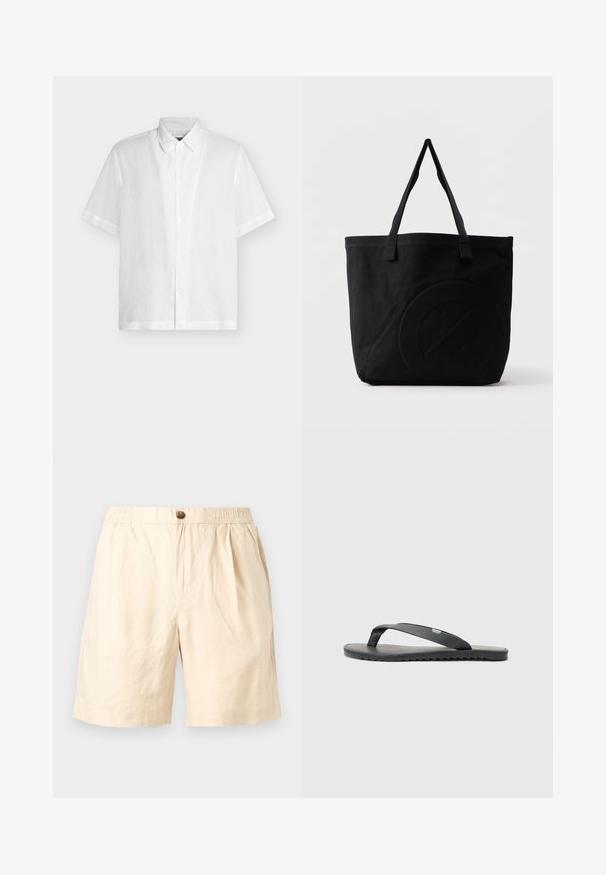 Weißes Kurzarm-Hemd mit Knopfleiste und klassischem Kragen, flach auf einem schlichten hellen Hintergrund präsentiert.; Beige Freizeitshorts mit elastischem Bund, Ein-Knopf-Verschluss, Seitentaschen und lockerem Schnitt, ideal für warmes Wetter.; Schwarze Flip-Flops mit strukturierten Riemen, flacher Sohle und gezacktem Rand. Hergestellt aus Gummi mit glatter Oberfläche und minimalistischer Gestaltung.; Schwarze Canvas-Shopper-Tasche mit zwei Schulterriemen und einem dezenten, eingeprägten kreisförmigen Design auf der Vorderseite.