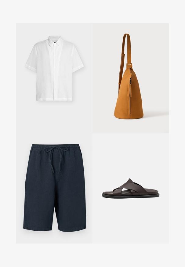 Hvid kortærmet skjorte med knapper og klassisk krave, vist fladt på en ensfarvet lys baggrund.; Mørkeblå linnedshorts med elastisk talje og justerbar snor. Har sidelommer og en afslappet pasform.; Stuart Weitzman BERKLEY - Slip-on sandaler - espresso; Tan læder crossbodytaske med justerbar rem og lodret lynlåslomme, vist fra siden mod en ensfarvet lys baggrund.
