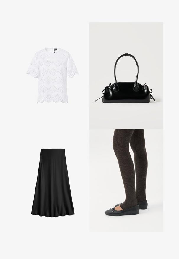 Blusa blanca de manga corta con patrón de encaje ojete, bordes festoneados y escote redondo, con cierre de cremallera en la espalda.; Falda negra de satén en línea A con textura suave y dobladillo fluido, hasta la rodilla, mostrada sobre un fondo blanco.; Piernas con leggings oscuros acanalados combinados con bailarinas negras que presentan pequeños detalles de lazo sobre un fondo blanco.; Pequeño bolso negro brillante con dos asas largas y detalles de cordón lateral sobre un fondo claro liso.