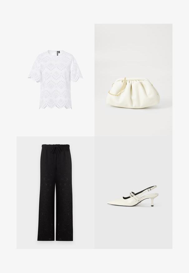 Witte blouse met korte mouwen met oogjeskantpatroon, gegolfde randen en een ronde halslijn, met een ritssluiting aan de achterkant.; Zwarte broek met wijde pijpen, elastische tailleband en geknoopt trekkoord, met een subtiel eyelet-bloemenpatroon over het hele oppervlak.; Puntige slingback-schoen van glanzend wit leer met twee verstelbare gespbandjes en een 6 cm stilettohak.; Witte leren handtas met een geassembleerd ontwerp, voorzien van een gouden kettingband en een ronde vorm. Gladde textuur met zachte plooien en geen patronen.