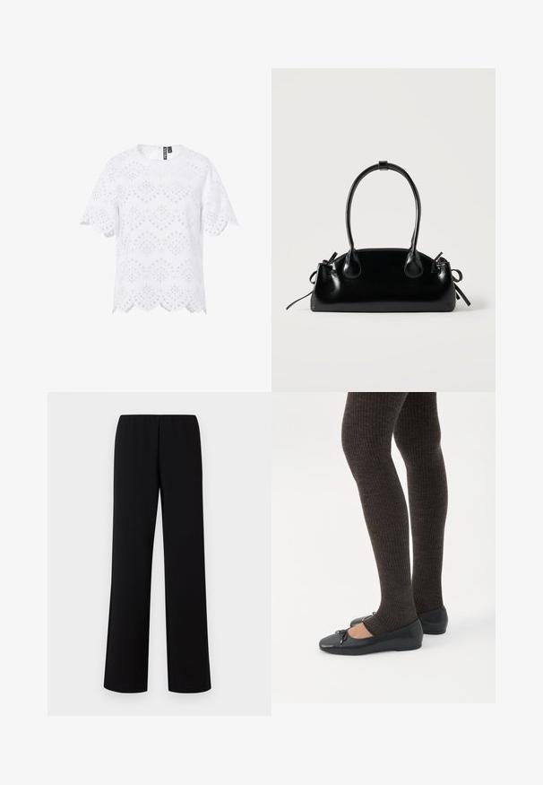 Blusa blanca de manga corta con patrón de encaje ojete, bordes festoneados y escote redondo, con cierre de cremallera en la espalda.; Pantalones de pierna ancha negros con cintura elástica, hechos de una tela suave, que presentan un diseño limpio y minimalista sin adornos.; Piernas con leggings oscuros acanalados combinados con bailarinas negras que presentan pequeños detalles de lazo sobre un fondo blanco.; Pequeño bolso negro brillante con dos asas largas y detalles de cordón lateral sobre un fondo claro liso.