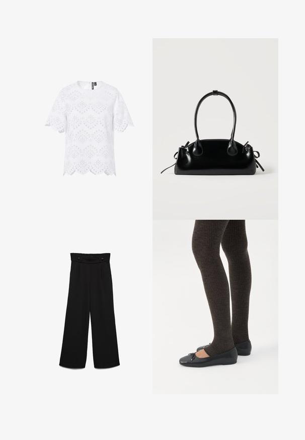 Blusa blanca de manga corta con patrón de encaje ojete, bordes festoneados y escote redondo, con cierre de cremallera en la espalda.; Pantalones negros de pierna ancha con una pretina alta, que cuentan con dos botones frontales y una textura suave. Corte recto con pliegues en la parte delantera.; Piernas con leggings oscuros acanalados combinados con bailarinas negras que presentan pequeños detalles de lazo sobre un fondo blanco.; Pequeño bolso negro brillante con dos asas largas y detalles de cordón lateral sobre un fondo claro liso.