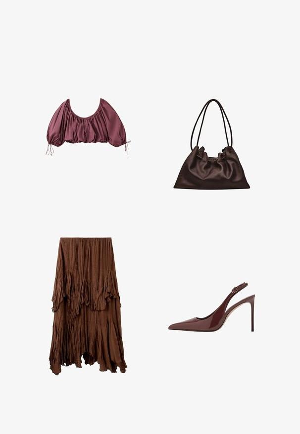 Gecropte, off-shoulder blouse in diep mauve met geplooide stof en elastische pofmouwen, gestrikt aan de polsen.; Bruine gerimpelde rok met een asymmetrische zoom en gelaagde, gedrapeerde stofdetails die een gestructureerde, vloeiende uitstraling creëren.; Donkerbruine lakleren slingback met spitse neus, hoge hak en verstelbare gespriem. De slanke stilettohak voegt een elegante touch toe.; Zachte donkerbruine leren handtas met een slungelige vorm en twee dunne schouderbandjes tegen een witte achtergrond.