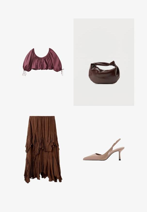 Gecropte, off-shoulder blouse in diep mauve met geplooide stof en elastische pofmouwen, gestrikt aan de polsen.; Bruine gerimpelde rok met een asymmetrische zoom en gelaagde, gedrapeerde stofdetails die een gestructureerde, vloeiende uitstraling creëren.; Naakte slingback hakken met een spitse neus, een gladde textuur en een dunne stilettohak. Uitsnijdingen aan de zijkant geven een unieke uitstraling.; Donkerbruine leren schoudertas met een zachte, slungelige vorm en een gedraaide knoopvormige handgreep op een effen witte achtergrond.