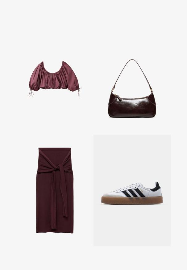 Beskåret, off-shoulder bluse i dyb mauve med samlet stof og elastiske pufærmer, bundet ved håndleddene.; Bordeauxkjole med en knyttet detalje i taljen, lavet af et glat, strækbart stof. Fittet silhuet med lige længde.; Hvide lædersneakers med sorte striber, gummirubber sål, rund tå, snørelukning og blød grå ruskinds tåhætte.; Mørkebrun skuldertaske i læder med en enkelt rem og lynlås, rektangulær form med afrundede kanter på hvid baggrund.