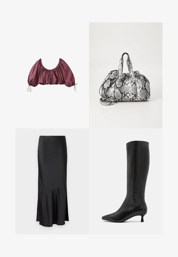 Beskåret, off-shoulder bluse i dyb mauve med samlet stof og elastiske pufærmer, bundet ved håndleddene.; Sort satin midi-skirt med et elegant design, der har en let flared kant og en sideslids for nem bevægelse. Glat tekstur.; Zign by Zalando Høje støvler/ Støvler - black; Håndtaske med sort og hvid slidmønster, to håndtag, snøre lukning og aftagelig skulderrem. Glat tekstur.