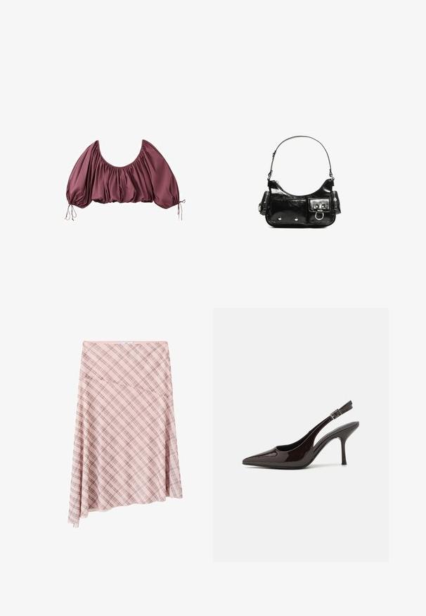 Blouse courte épaules dénudées en mauve foncé, avec tissu froncé et manches bouffantes élastiquées, nouées aux poignets.; Jupe asymétrique rose à carreaux avec motif à carreaux diagonal et petite étiquette de marque à la taille sur fond blanc.; Soulier à talons hauts type slingback en cuir verni marron foncé brillant, à bout pointu, côtés ouverts et bride de cheville réglable.; Sac à main en cuir verni noir avec une forme incurvée, une bandoulière, des poches avant et des accents en métal argenté.