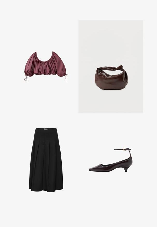 Zugeschnittene, schulterfreie Bluse in tiefem Mauve mit gerafftem Stoff und elastischen Puffärmeln, die an den Handgelenken gebunden sind.; Schwarzer plissierter Midirock aus glattem Stoff. Verfügt über eine hohe Taille und eine fließende Silhouette mit sorgfältig genähten Falten.; Dunkelbraunes, spitz zulaufendes Lederschuh mit Kitten-Heel, dünnem Knöchelriemen und kleiner goldener Schnalle.; Dunkelbraune Lederschultertasche mit weicher, lockerer Form und einem gedrehten Knotengriff vor schlichtem weißem Hintergrund.
