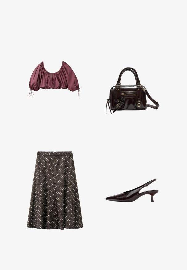 Blouse courte épaules dénudées en mauve foncé, avec tissu froncé et manches bouffantes élastiquées, nouées aux poignets.; Jupe marron longueur genou à pois blancs, avec une ceinture ajustée et une légère silhouette évasée.; Chaussure à bout pointu en cuir marron foncé avec bride arrière, petit talon kitten et sangle réglable à boucle.; Sac à main en cuir verni marron avec double poignées, bandoulière amovible, poche zippée à l'avant et accents en métal doré.