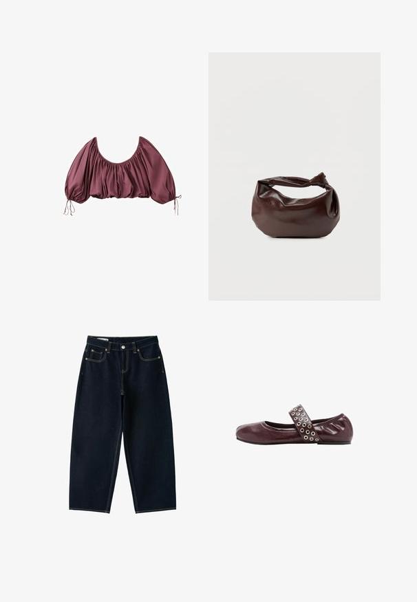 Beskåret, off-shoulder bluse i dyb mauve med samlet stof og elastiske pufærmer, bundet ved håndleddene.; Mørkeblå jeans med brede ben og høj talje, foran knap, lynlås og fem lommer med synlige sømme.; Bordeaux læderballetsko med rund tå, elastisk rem med sølvøjer og en blød, samlet hæl for ekstra komfort.; Mørkebrun læder skuldertaske med en blød, afslappet form og et snoet knudehåndtag på en ensartet hvid baggrund.