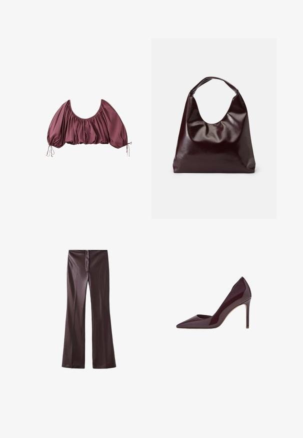Gecropte, off-shoulder blouse in diep mauve met geplooide stof en elastische pofmouwen, gestrikt aan de polsen.; Bruine flared pants van een gladde stof met een strakke afwerking. Bevat een rits aan de voorkant en een nette tailleband.; Bordeaux patentleren hoge hakpumps, ontwerp met spitse neus, slanke silhouet en stilettohak. Gladde textuur met glanzende afwerking.; Bordeaux, glanzende vegan leren totebag met een zachte, sculpturale vorm en een brede, gebogen handgreep voor makkelijk dragen.